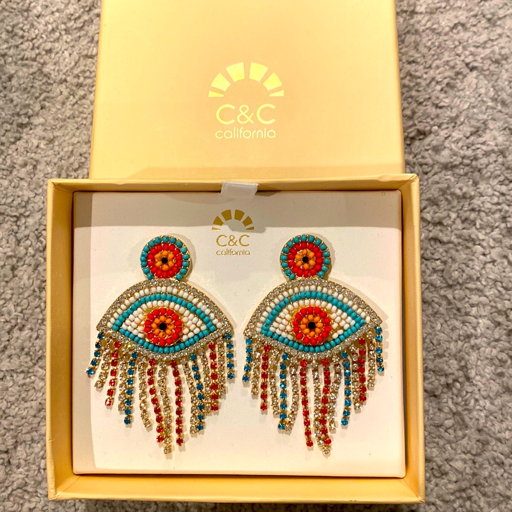Evil eye seed bead and tiny rhinestone earrings